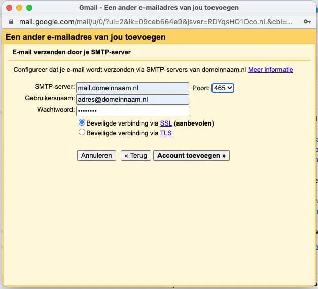 E-mailaccount uitgaande mail toevoegen gmail stap 2 - always ahead